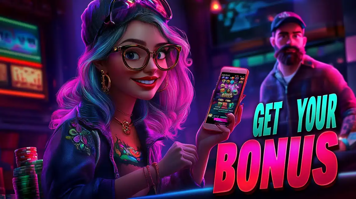 Stylish woman with glasses holding mobile casino game with 'Get Your Bonus' promotional text