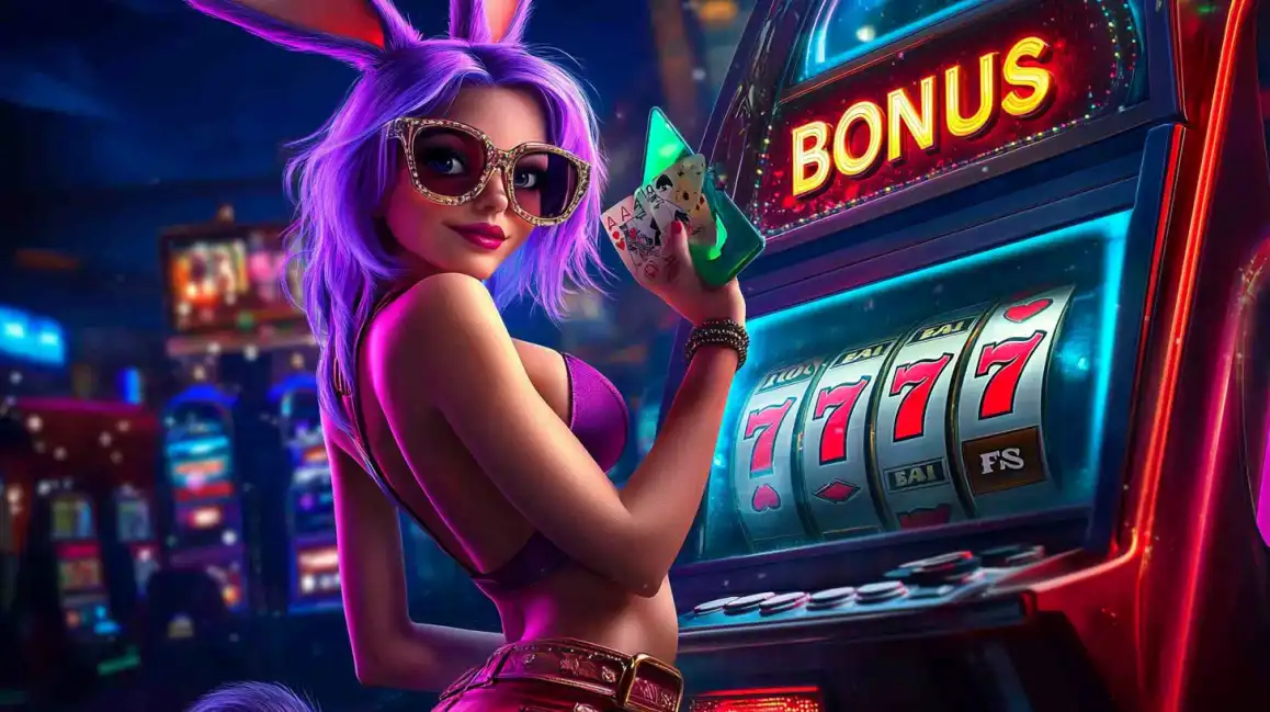Stylish woman with purple hair and sunglasses holding cards at bonus slot machine