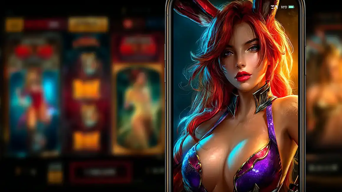 Beautiful red-haired woman in purple dress featured on mobile casino screen