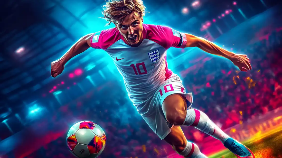 Dynamic soccer player in England jersey dribbling ball in colorful stadium lighting for sports betting